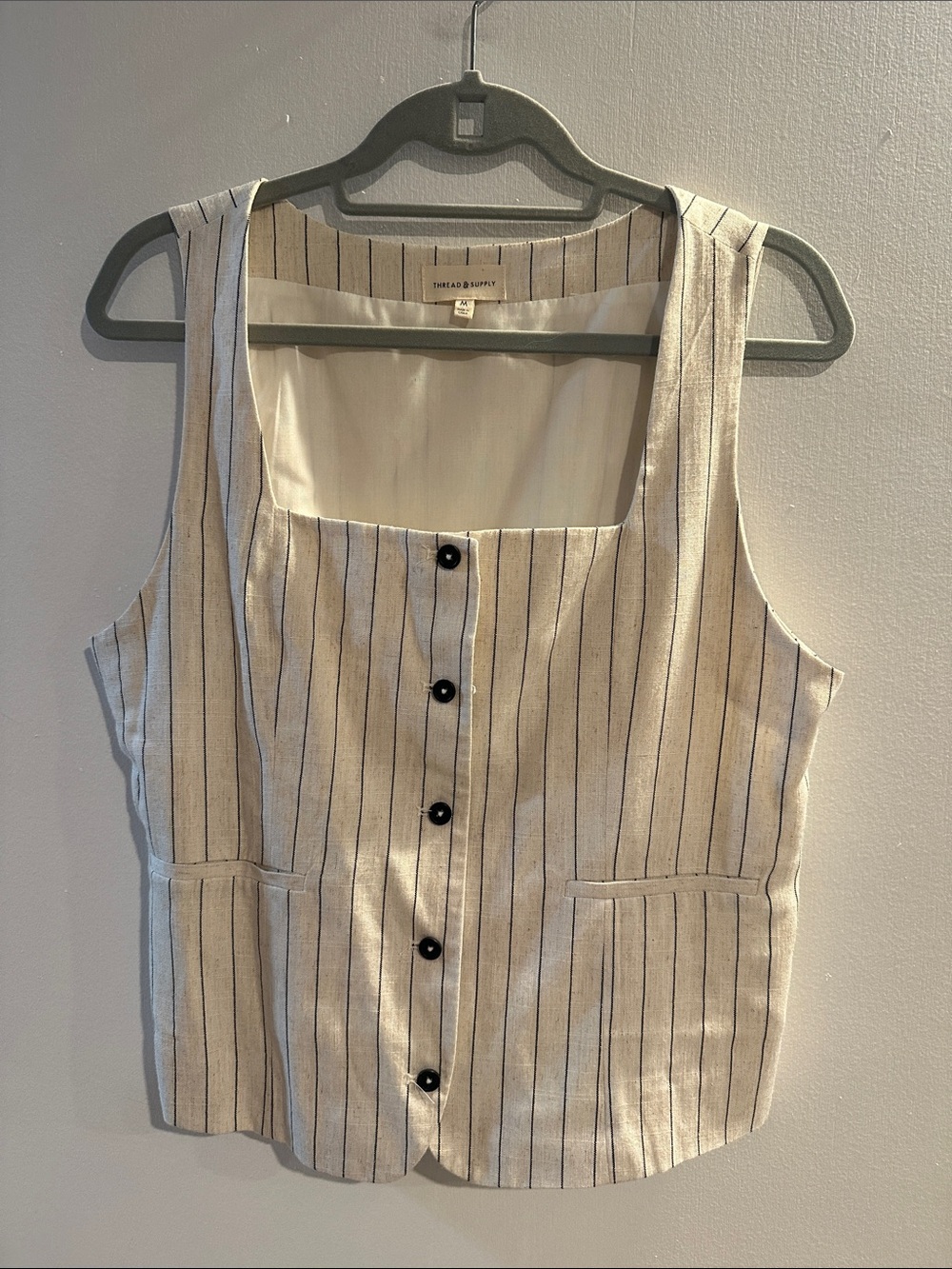 Thread & Supply Cream Vest with Navy Pinstripes
